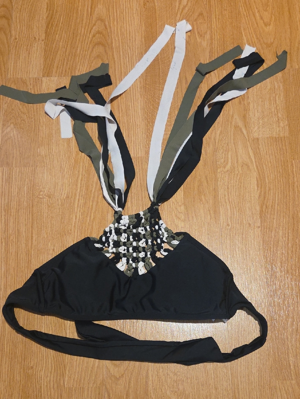 Women's Black Crochet Halter Bikini Top with Olive & White Straps
